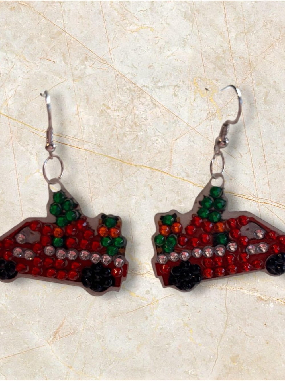 Diamond Art Red Holiday Truck Earrings with Green Accents Double Sided Sealed